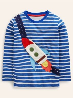 Mini Boden Novelty Bag T-Shirt Delft Ivory Stripe Long-Sleeve Top Size 11-12 yrs